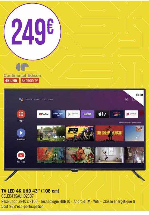 Tv Led 4k Uhd 43" (108 Cm) Continental Edison