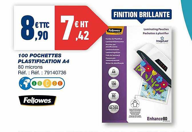 100 pochettes plastification a4 fellowes
