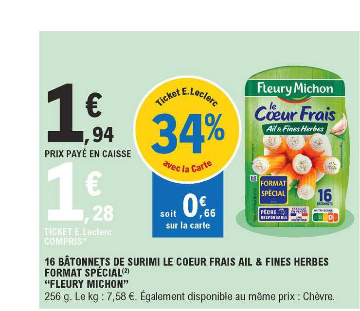 16 Bâtonnets De Surimi Le Coeur Frais Ail & Fines Herbes Format Spécial "fleury Michon"