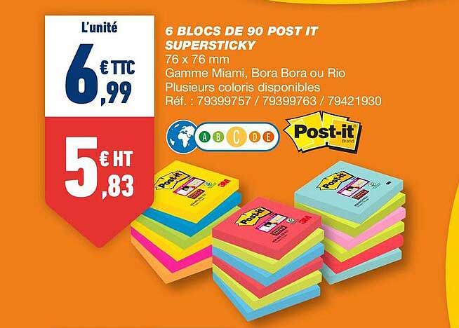 6 blocs de 90 post it supersticky