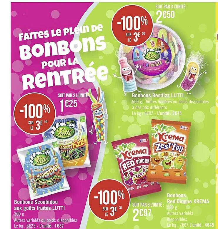 bonbons scoubidou aux goûts fruités lutti, bonbons bestfizz lutti, bonbons red'dingue krema