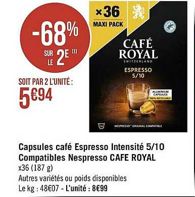 capsules café espresso intensité 5-10 compatibles nespresso café royal
