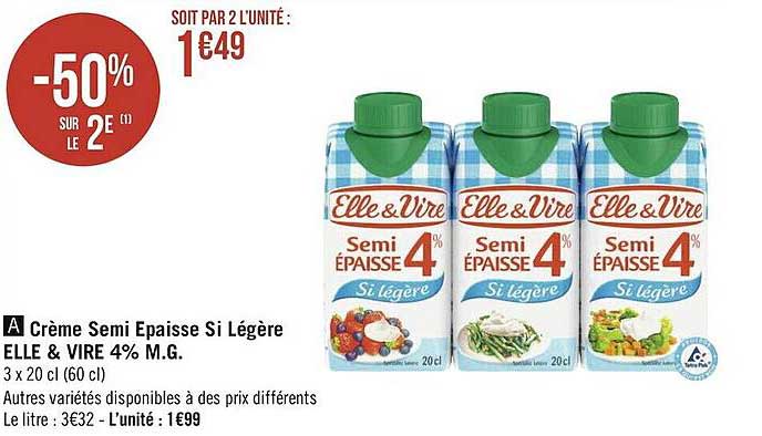 crème semi épaisse si légère elle & vire 4% m.g.