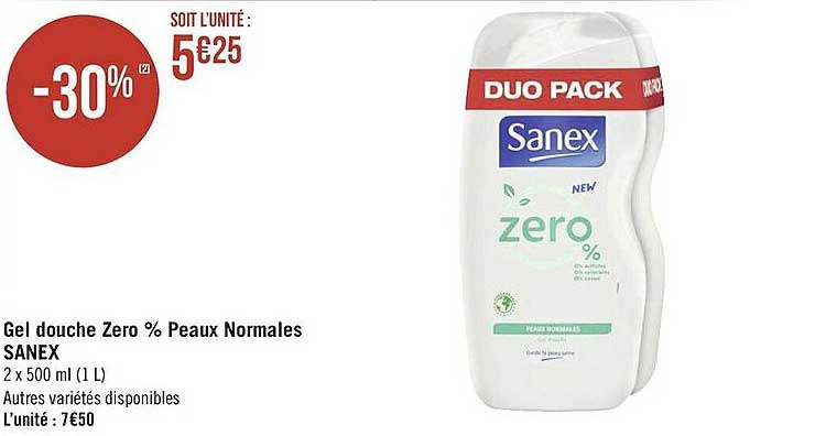 gel douche zéro % peaux normales sanex
