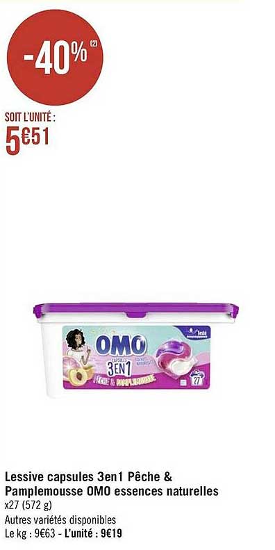 lessive capsules 3 en 1 pêche & pamplemousse omo essences naturelles
