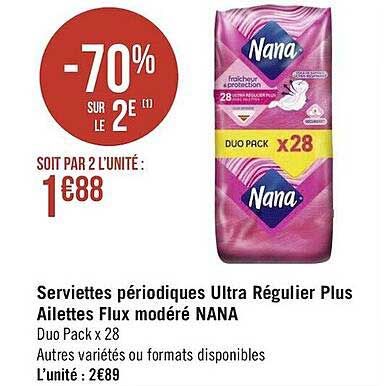 serviettes périodiques ultra régulier plus ailettes flux modéré nana