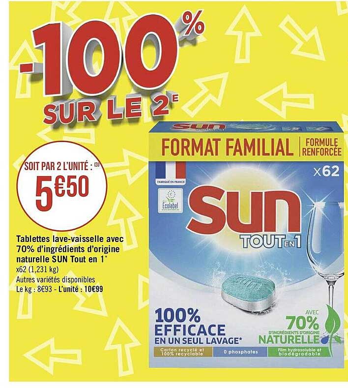 tablettes lave-vaisselle avec 70% d'ingrédients d'origine naturelle sun tout en 1