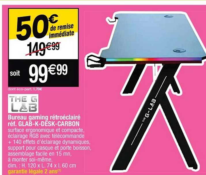 bureau gaming rétroéclairé glab-k-desk-carbon the g lab