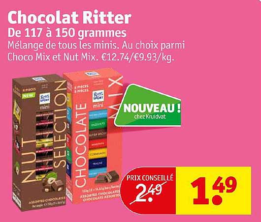 chocolat ritter de 117 à 150 grammes