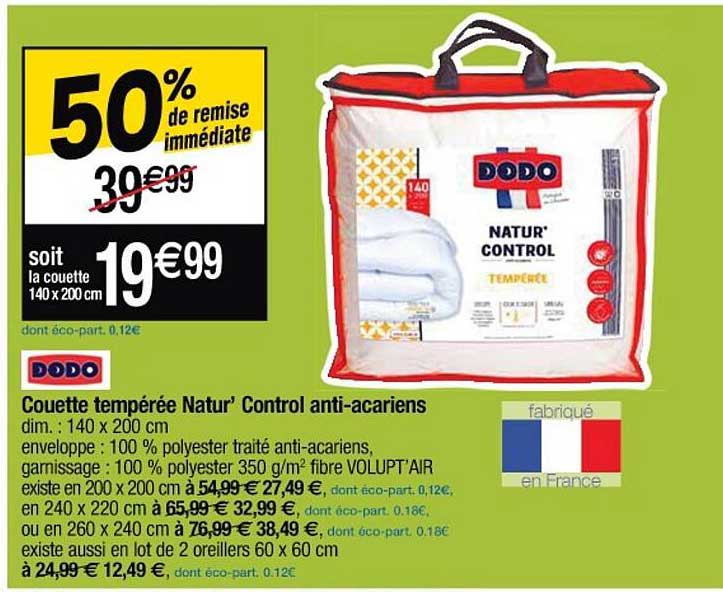 couette tempérée natur' control anti-acariens dodo
