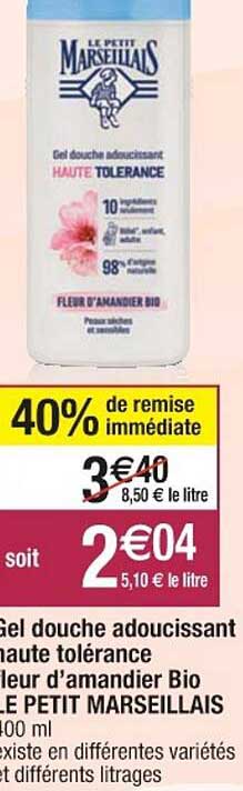 gel douche adoucissant haute tolérance fleur d'amandier bio le petit marseillais