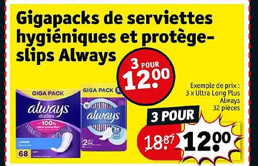 gigapacks de serviettes hygiéniques et protège-slips always