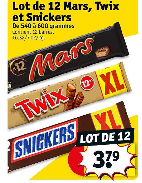 lot de 12 mars, twix et snickers de 540 à 600 grammes