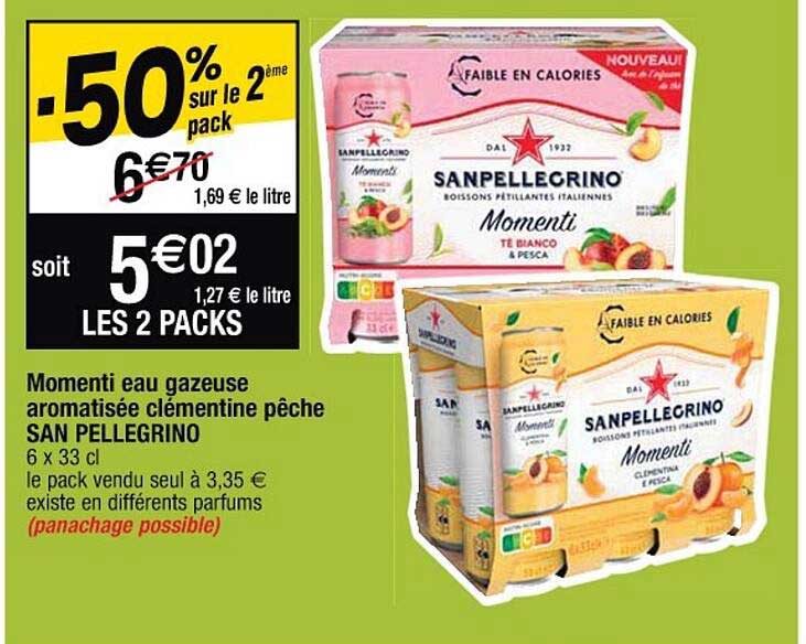 momenti eau gazeuse aromatisée clémentine pêche san pellegrino