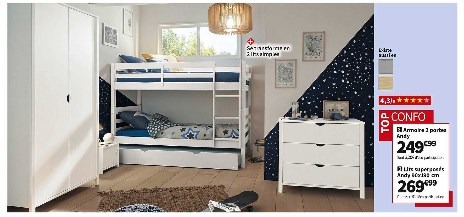 armoire 2 portes andy, lits superposés andy 90 x 190 cm