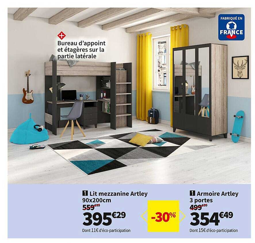 Lit Mezzanine Artley 90 X 200 Cm, Armoire Artley 3 Portes