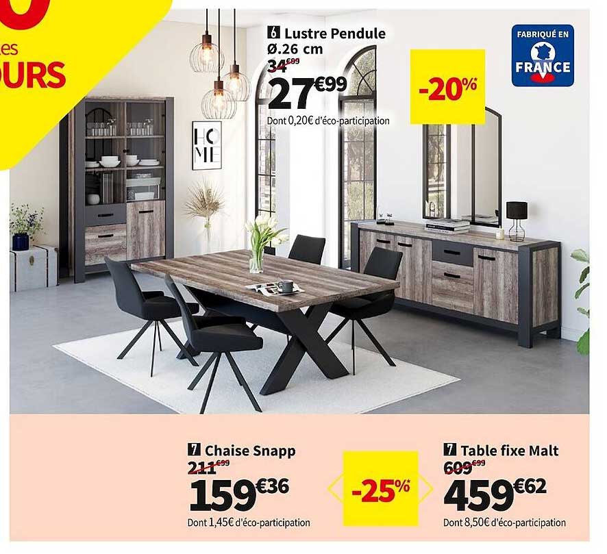 lustre pendule ø 26 cm, chaise snapp, table fixe malt