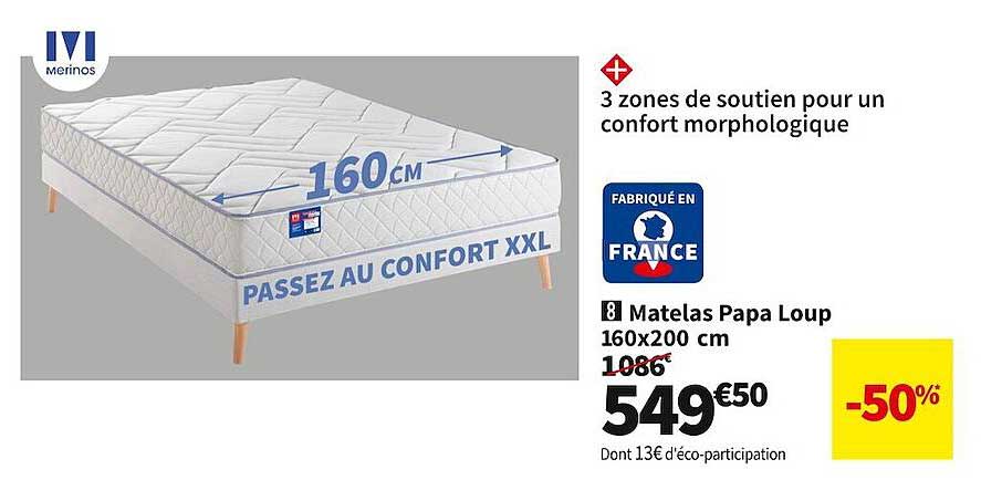 matelas papa loup 160 x 200 cm merinos