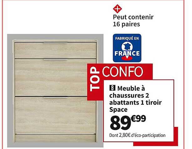 meuble à chaussures 2 abattants 1 tiroir space