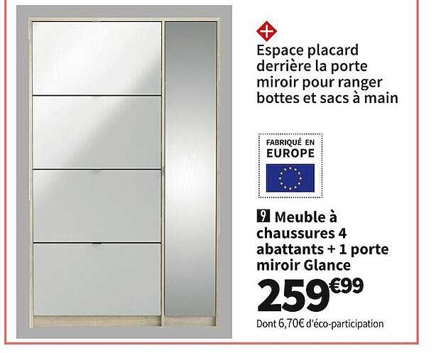 meuble à chaussures 4 abattants + 1 porte miroir glance
