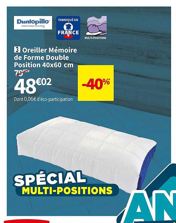 oreiller mémoire de forme double position 40 x 60 cm dunlopillo