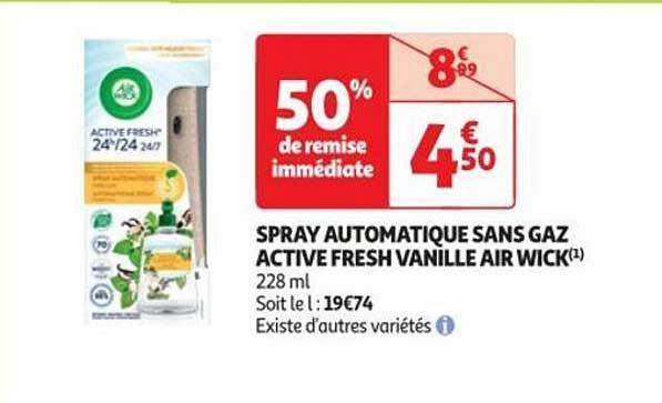 spray automatique sans gaz active fresh vanille air wick