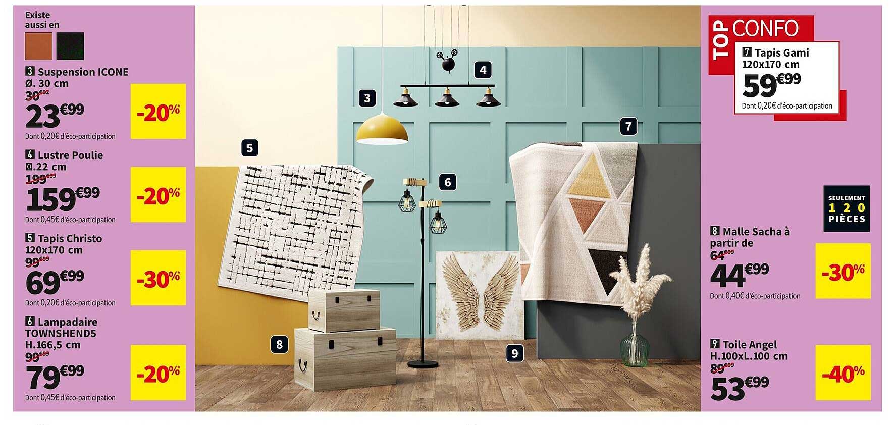 suspension icone ø. 30 cm, lustre poulie ø. 22 cm, tapis christo 120 x 170 cm, lampadaire townshend5 h. 166,5 cm, malle sacha , toile angel h. 100 x l; 100 cm