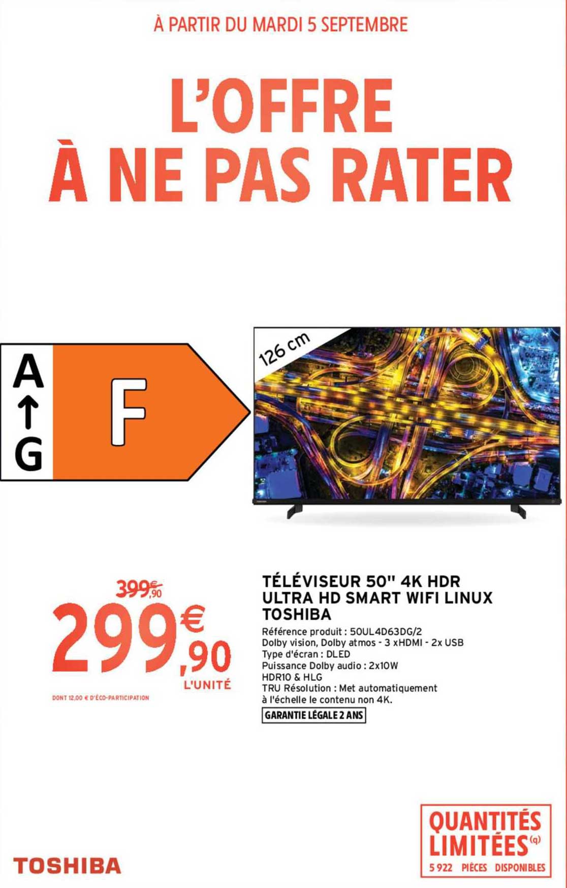 Téléviseur 50" 4k Hdr Ultra Hd Smart Wifi Linux Toshiba