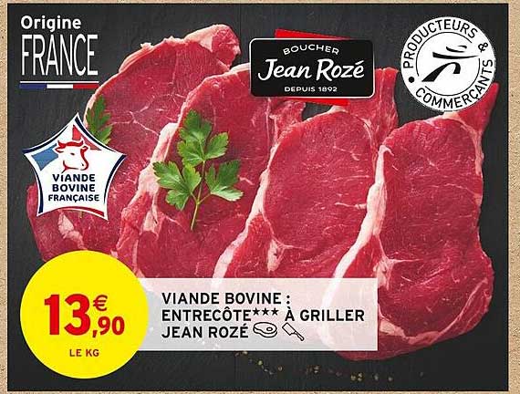viande bovine : entrecôte*** à griller jean rozé