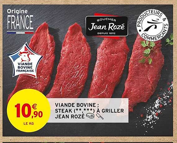 viande bovine : steak (**,***) à griller jean rozé