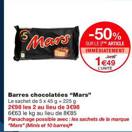 barres chocolatées mars -50% sur le 2ème article immédiatement