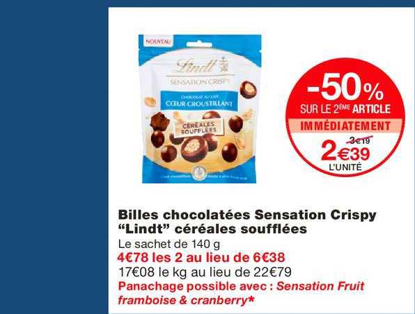 Billes Chocolatées Sensation Crispy Lindt Céréales Soufflées -50% Sur Le 2ème Article Immédiatement