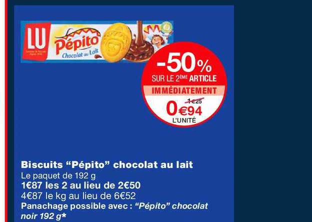 Biscuits Pépito Chocolat Au Lait -50% Sur Le 2ème Article Immédiatement