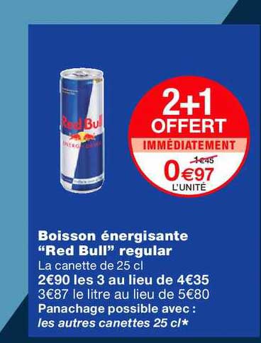 boisson énergisant red bull regular 2+1 offert