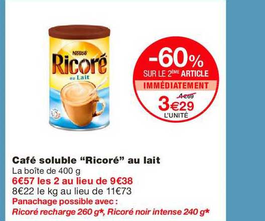 café soluble ricoré au lait -60% sur le 2ème article immédiatement