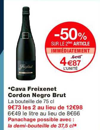 cava freixenet cordon negro brut -50% sur le 2ème article immédiatement