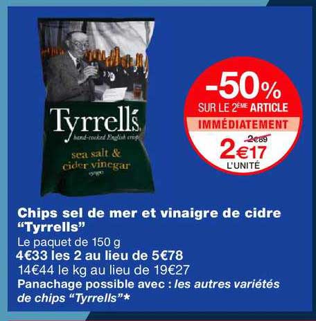 chips sel de mer et vinaigre de cidre tyrrells -50% sur le 2ème article immédiatement
