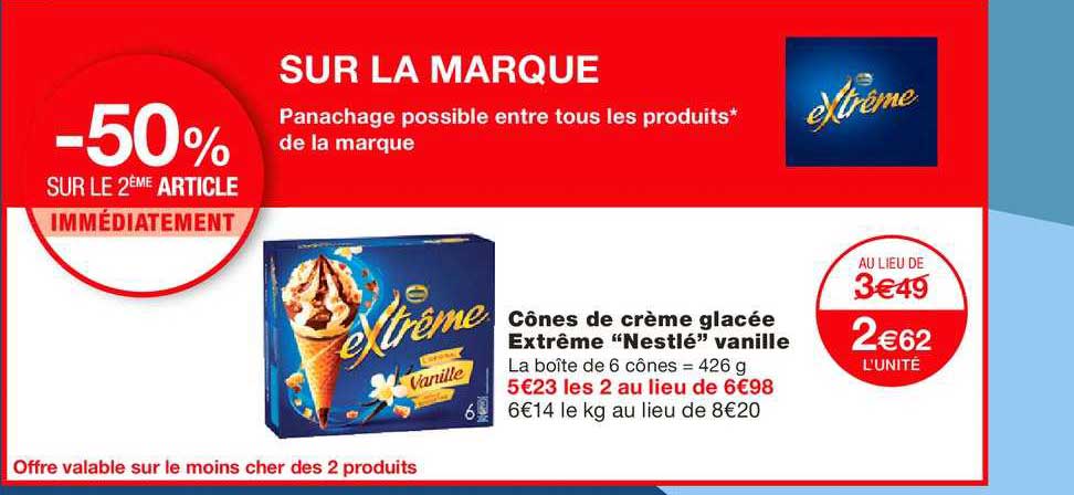cônes de crème glacée extrême nestlé vanille -50% sur le 2ème article immédiatement