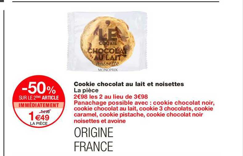 cookie chocolat au lait et noisettes -50% sur le 2ème article immédiatement