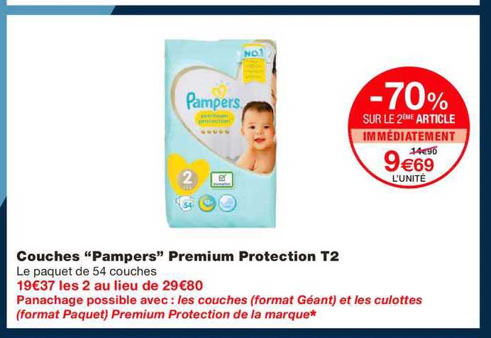 couches pampers premium protection t2 -70% sur le 2ème article immédiatement