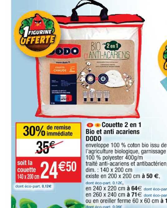 couette 2 en 1 bio et anti acariens dodo 30% remise immédiate