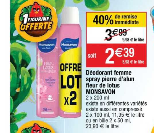 déodorant femme spray pierre d'alun fleur de lotus monsavon 40% remise immédiate