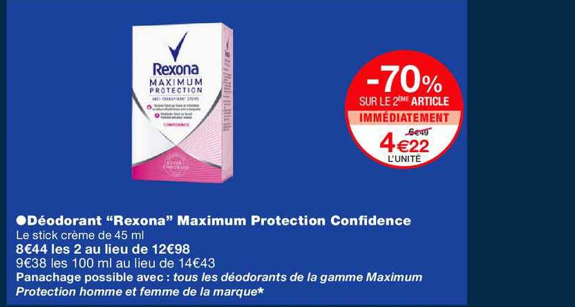 déodorant rexona maximum protection confidence -70% sur le 2ème article immédiatement