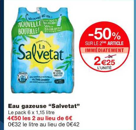 eau gazeuse salvetat -50% sur le 2ème article immédiatement