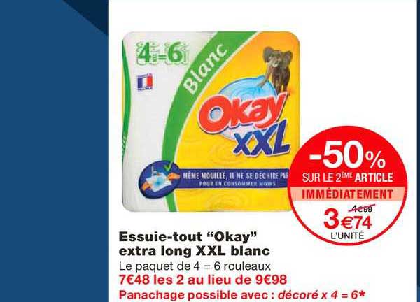 essuie tout okay extra long xxl blanc -50% sur le 2ème article immédiatement