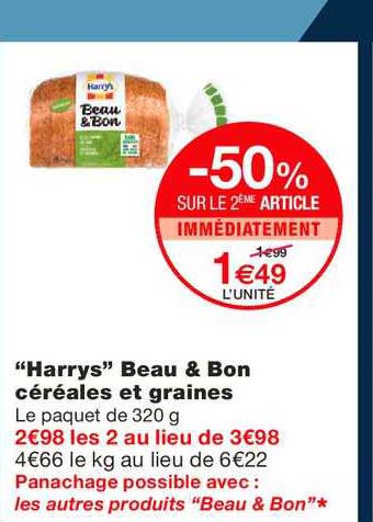 harrys beau & bon céréales et graines -50% sur le 2ème article immédiatement