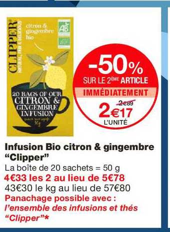 infusion bio citron & gingembre clipper -50% sur le 2ème article immédiatement