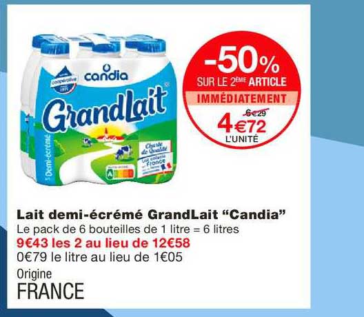 lait demi écrémé grandlait candia -50% sur le 2ème article immédiatement