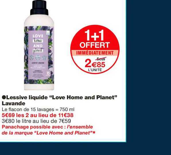 lessive liquide love home and planet lavande 1+1 offert