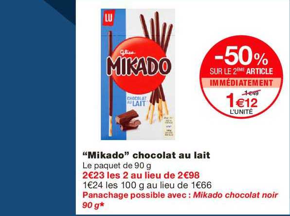 mikado chocolat au lait -50% sur le 2ème article immédiatement